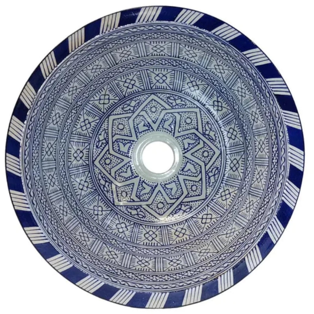 Marokkanisches Keramik Waschbecken Fes102 blau weiß Ø 35cm rund Waschschüssel aus Marokko - McKays Flooring