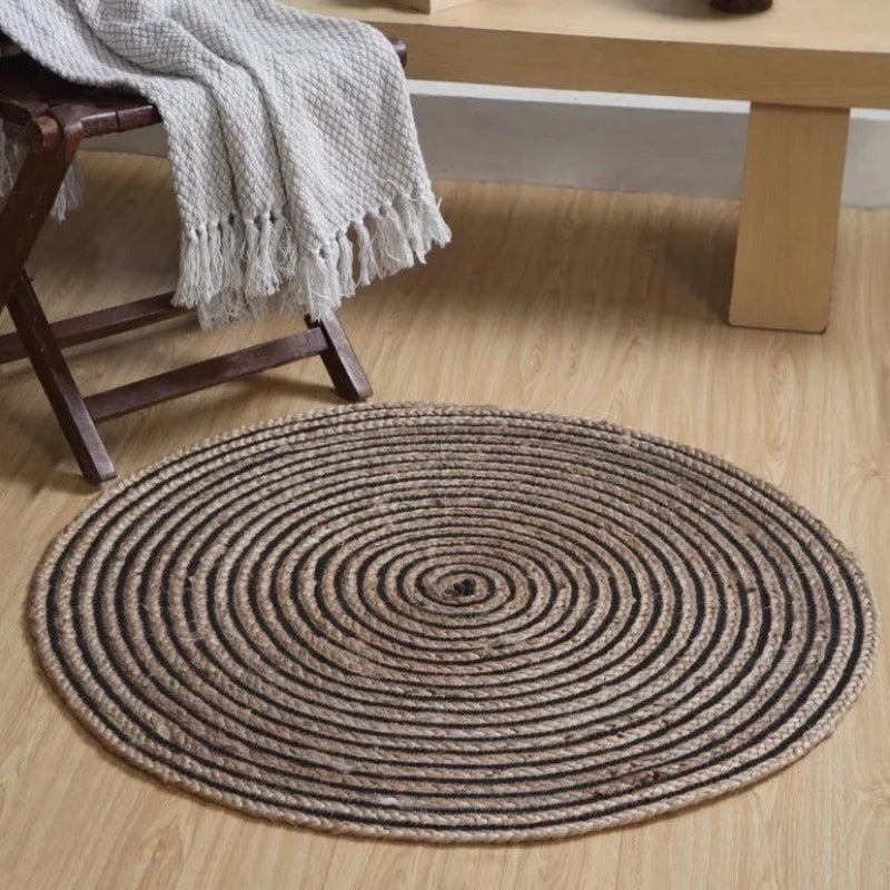 CHAKKAR DARK Handmade Stripe Round Jute Flatweave Rug in Beige & Black - 6 Sizes - McKays Flooring