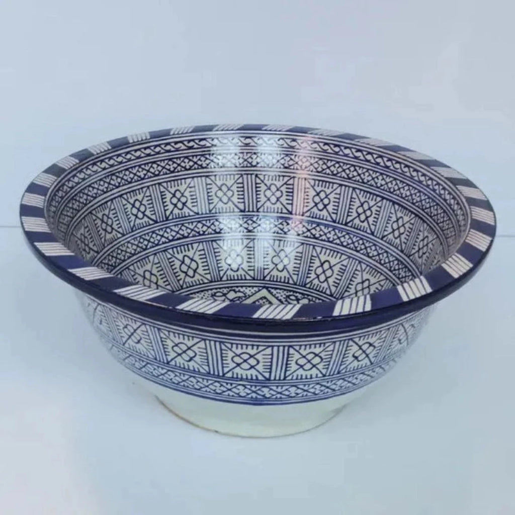 Marokkanisches Keramik Waschbecken Fes102 blau weiß Ø 35cm rund Waschschüssel aus Marokko - McKays Flooring