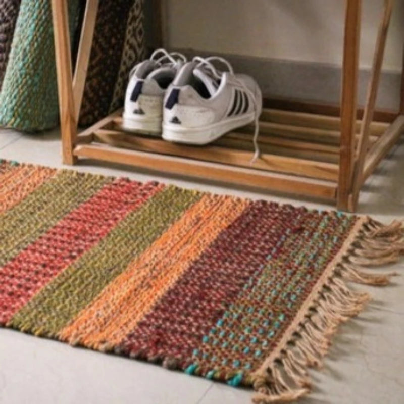Handmade Small Hemp Flatweave Rug or Doormat in Natural/Oranges 48cm x 68.5cm - McKays Flooring
