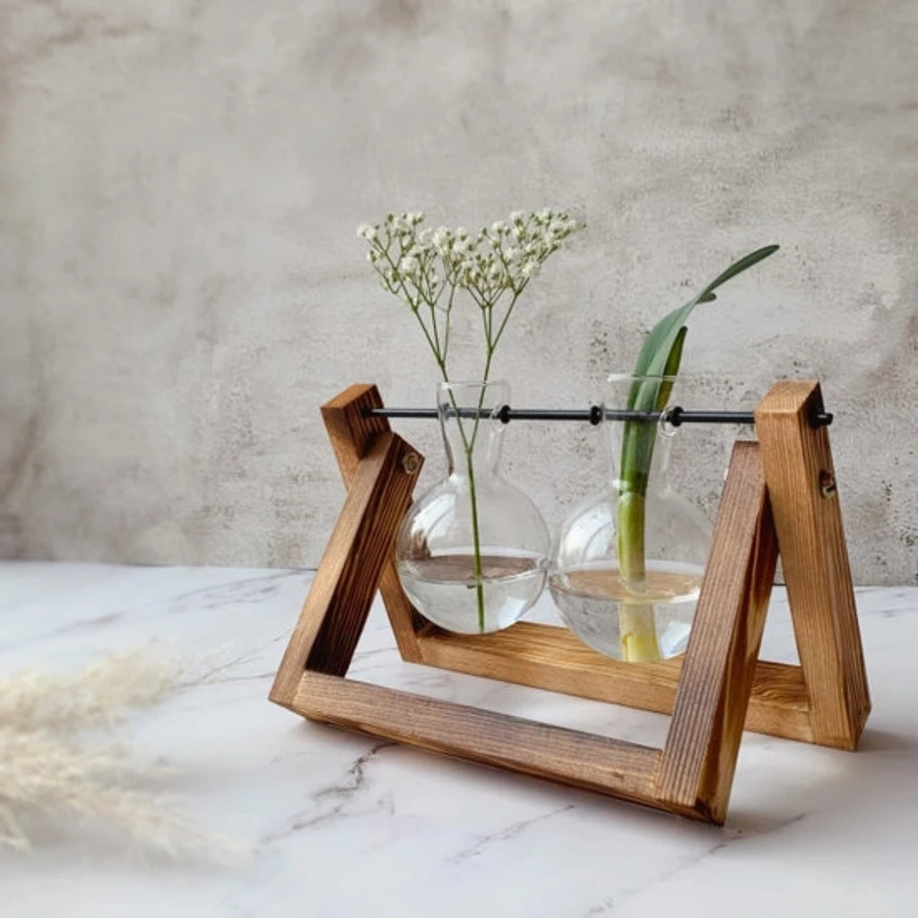 Glass Planter Bulb Vase with Wooden Stand - McKays Flooring