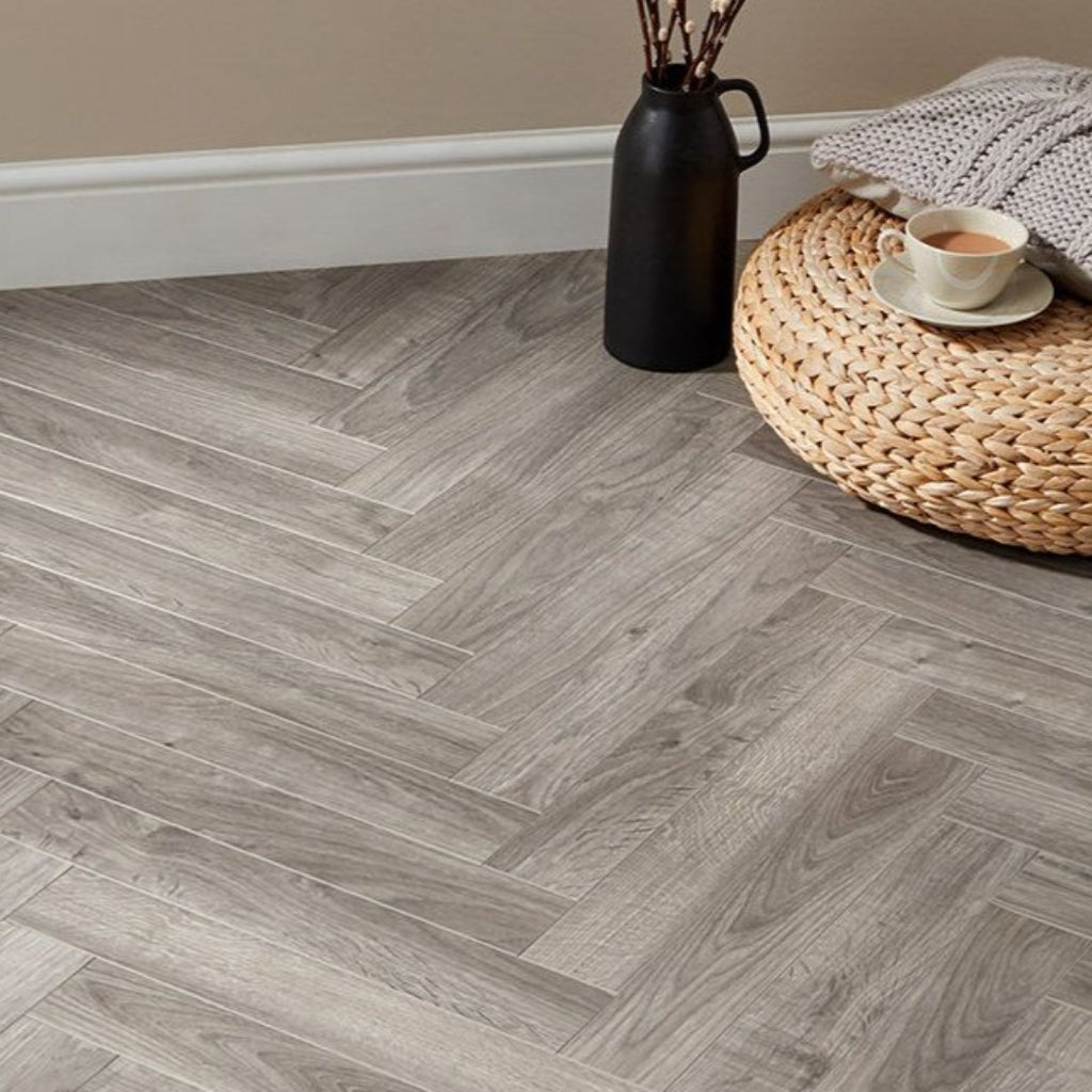 CHATEAU Java Light Grey Natural Herringbone Laminate Flooring - Marcias Flooring