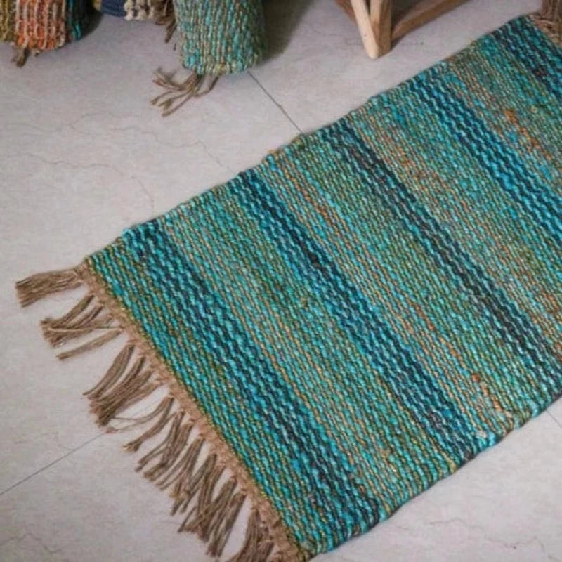 Handmade Small Hemp Flatweave Rug or Doormat in Natural/Green 48cm x 68.5cm - McKays Flooring
