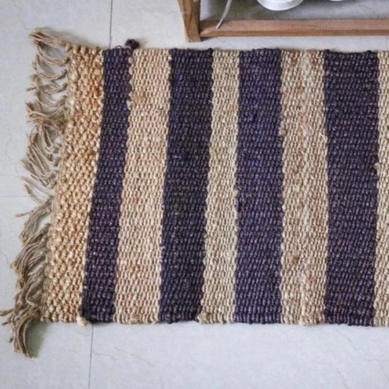 Handmade Small Hemp Flatweave Rug or Doormat in Natural/Blue-Black 48cm x 68.5cm - McKays Flooring