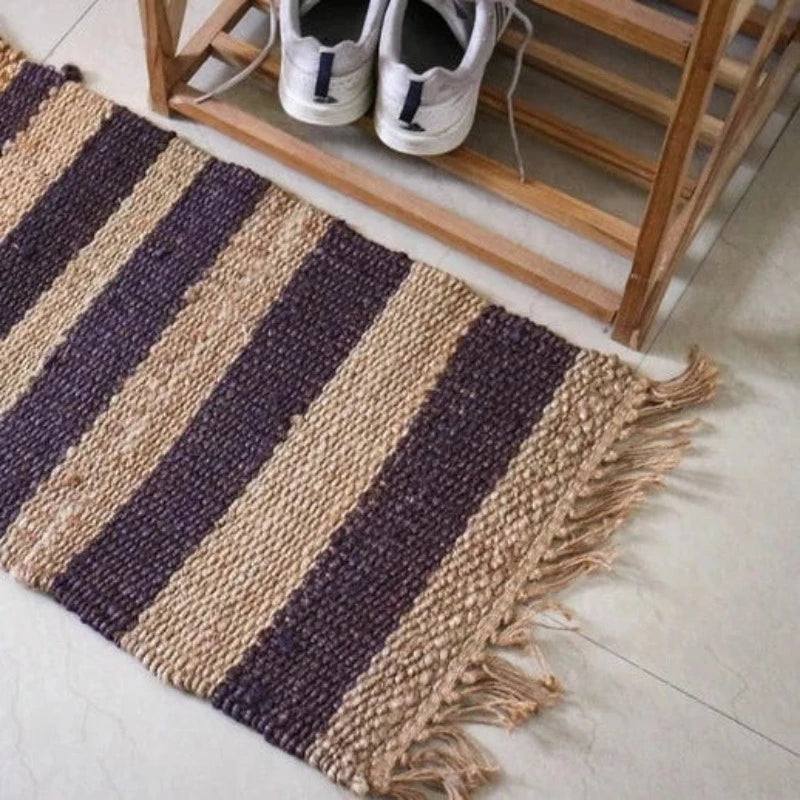 Handmade Small Hemp Flatweave Rug or Doormat in Natural/Blue-Black 48cm x 68.5cm - McKays Flooring