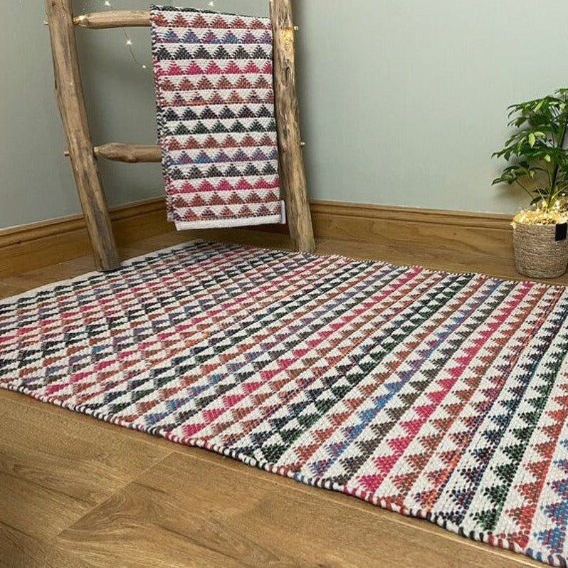 KARAL Handmade Multicolour Triangle Bunting Stripe Cotton Flatweave Rug - 4 Sizes - McKays Flooring